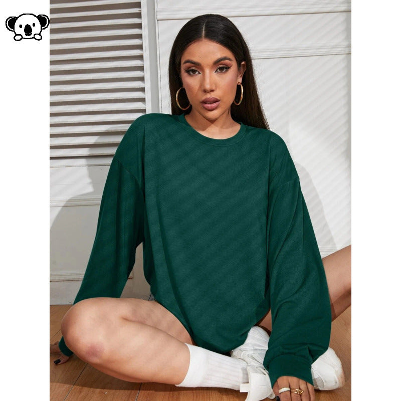 Womens Loose-Fit Solid-Color Plus-Size Long-Sleeve T-Shirt