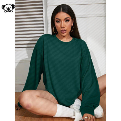 Womens Loose-Fit Solid-Color Plus-Size Long-Sleeve T-Shirt
