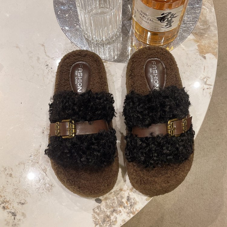Women's Curly Fur Platform Furry Slippers, 2025 Autumn Winter New Arrival, Outdoor Korean Style Soft Sole Single Strap Cotton Slides