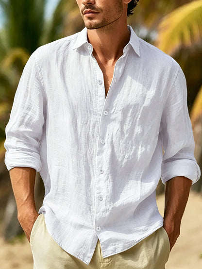 Mens Linen Lapel Beach Shirt Long Sleeves Solid Color