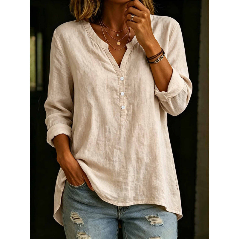 Womens Solid-Color Casual Loose-Fit Button-Up Shirt