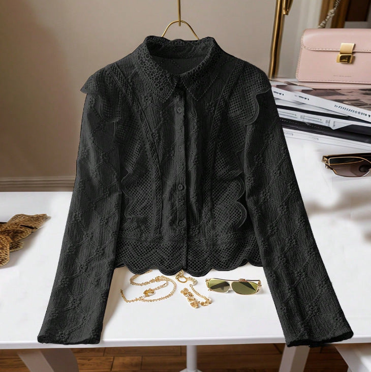 Hollow-out Suit-collar Long-sleeve Single-breasted Casual Lace-patchwork Blouse