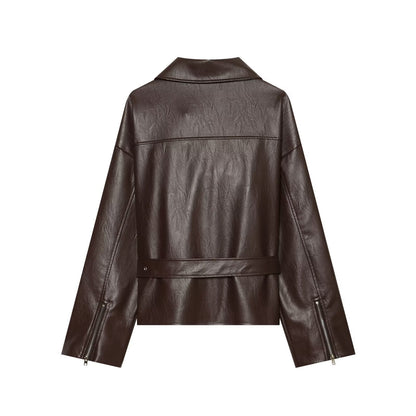 Elegant LapelneckLaceup Cropped Leather Jacket For Workwear