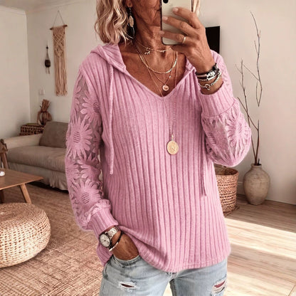 Women V Neck Hooded Sweatshirt Ribbed Knit Floral Lace Splicing Long Sleeve Drawstring Casual Pullover Tops