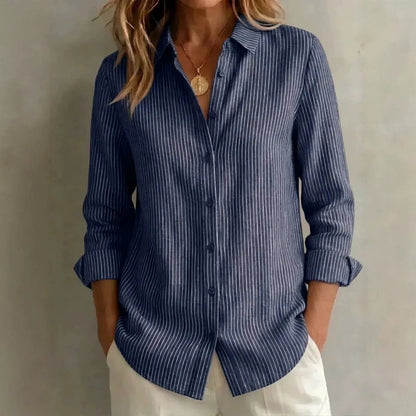 Womens Long-sleeved Linen Shirt With Blue And White Vertical Stripes