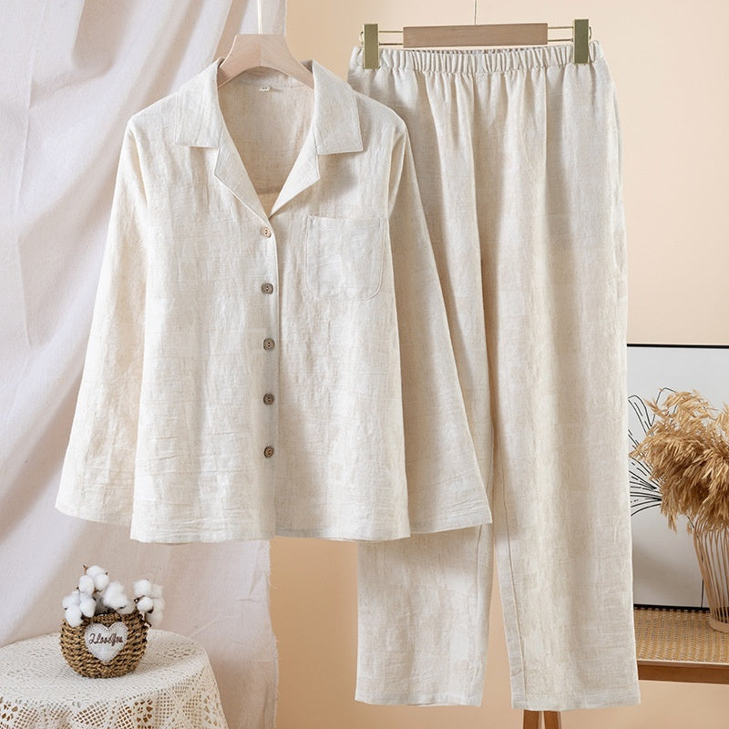 Simple Solid-color Cotton-linen Pajama Set For Couples Spring And Autumn Collection