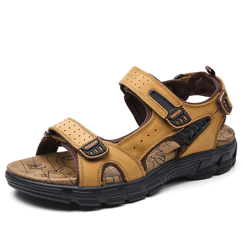Summer Sandals Men's Thick-soled Open Toe Head Layer Cowhide Men's Beach Shoes Soft-soled Fashionable Plus Size Outdoor Casual Shoes