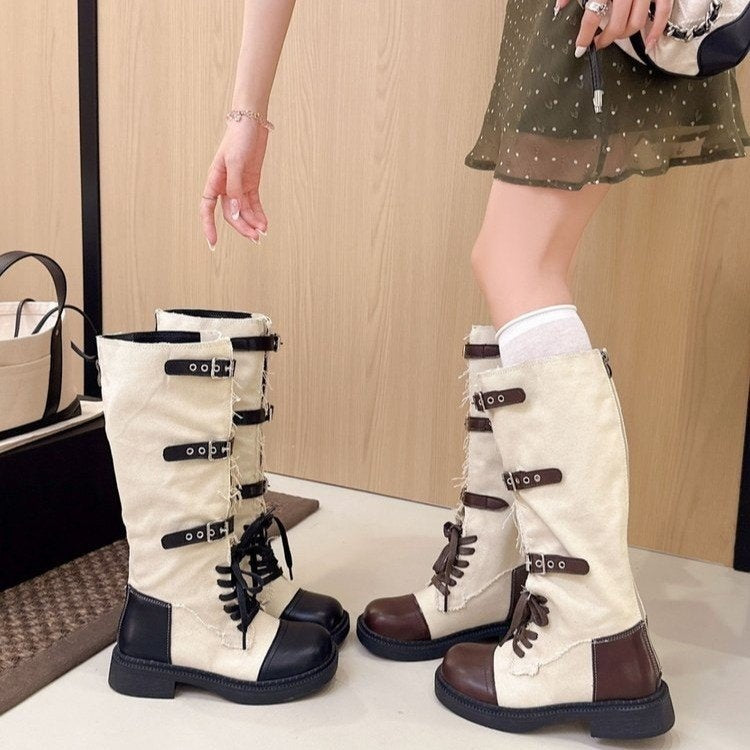 Women Retro Color Block Fringe Knee High Boots Lace Up Multi Buckle Thick Heel Western Knight Boots