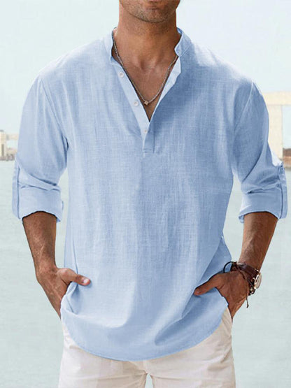 Trade Men's Linen Collar Long-sleeved T-shirt Loose T-shirt Solid Color Long-sleeved Cotton And Linen Shirt For Men