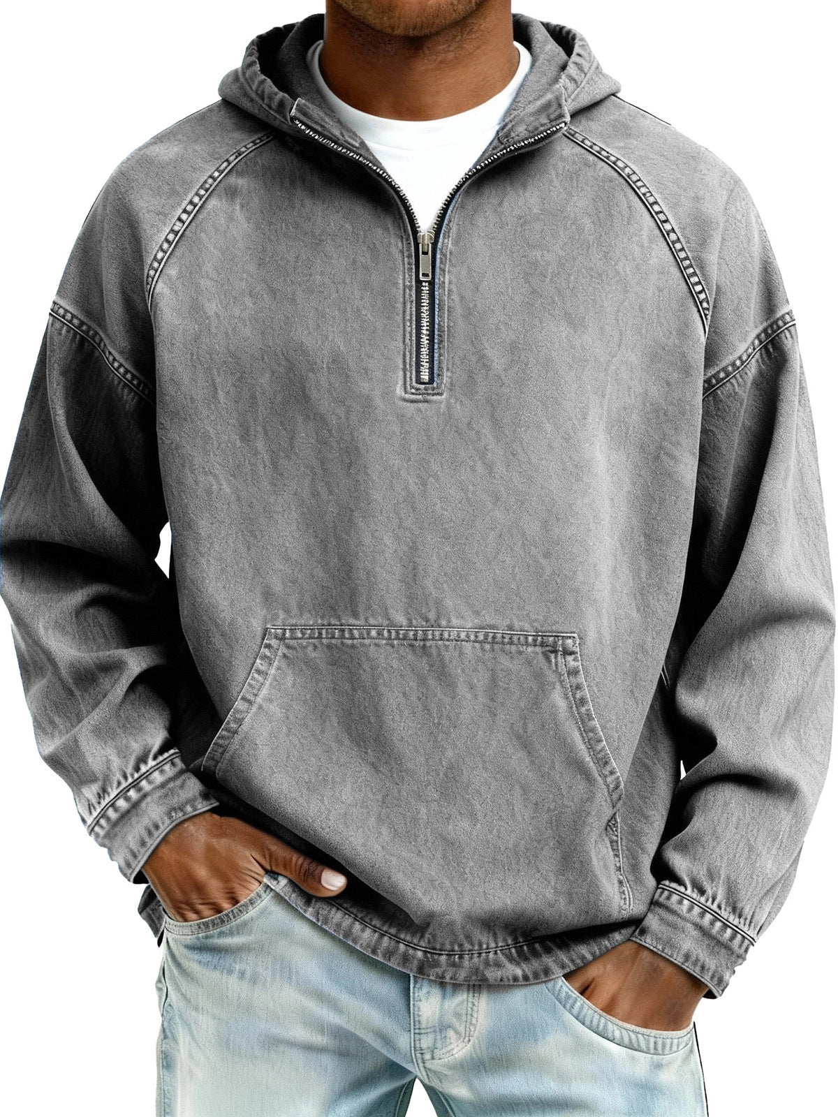 Mens Solid-Color Casual Hooded Zip-Up Sweatshirt