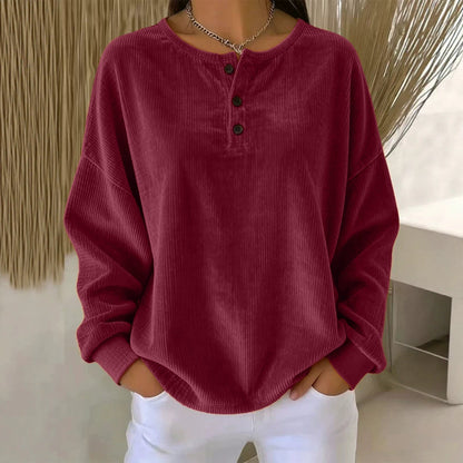 Women's Loose-fitting Round-neck Solid-color Button Sweatshirt
