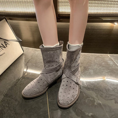 Retro Style Suede Western Cowboy Boots For Women, Niche, Thick Heel, Belt Buckle, Short Boots