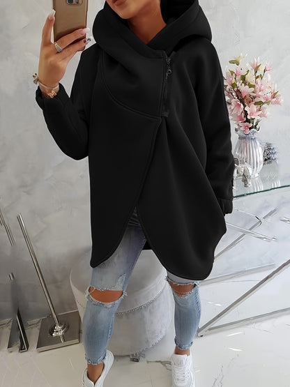 2025 European And American Cross-Border Women's Long-Sleeved Casual Black Hooded Jacket Sweatshirt With Front Pocket Zipper Hoodie