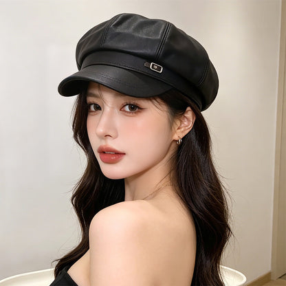 Fashionable Retro Matte PU Solid-color Newsboy Hat With Metal Label And Soft Leather Pumpkin Hat For Autumn Winter, Classic British Style, Versatile For All Occasions