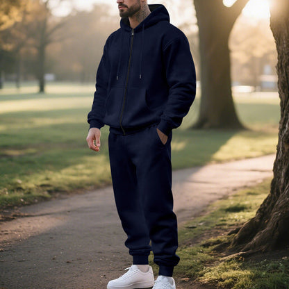 Mens Solid-Color Cardigan Zip-Up Long-Sleeve Sports Suit