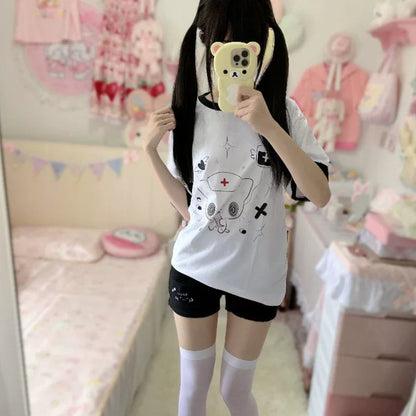2D Kawaii Otaku-style Pure Cotton Patchwork Short-sleeve Top