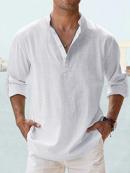 Trade Men's Linen Collar Long-sleeved T-shirt Loose T-shirt Solid Color Long-sleeved Cotton And Linen Shirt For Men