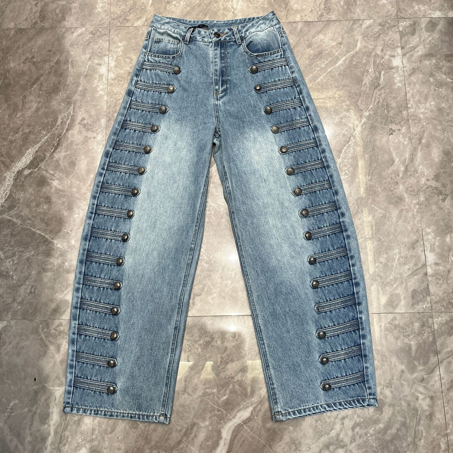 High-waisted Vintage Washed-blue Button-fly Straight-leg Jeans