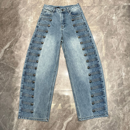 High-waisted Vintage Washed-blue Button-fly Straight-leg Jeans