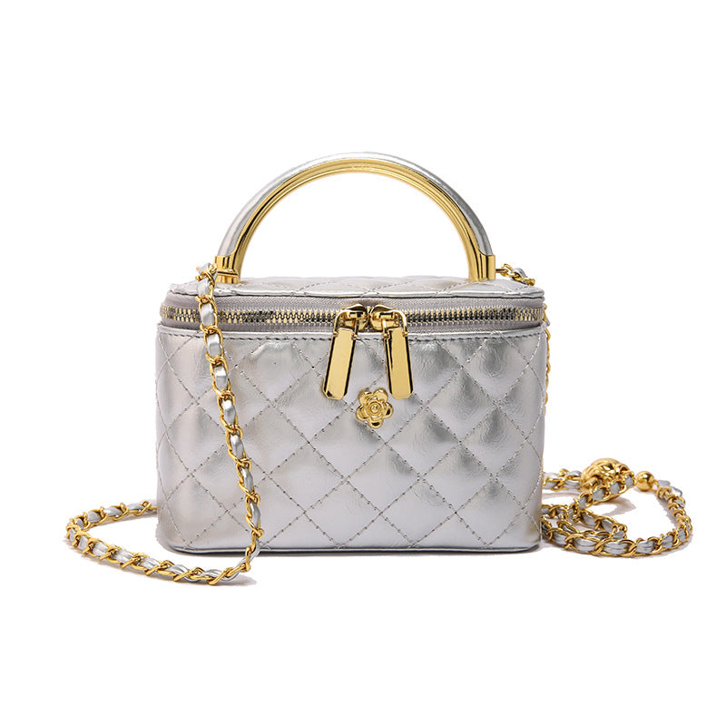 Women's Shoulder Diamond-pattern With Embroidered Thread And Chain Handheld Box Bag