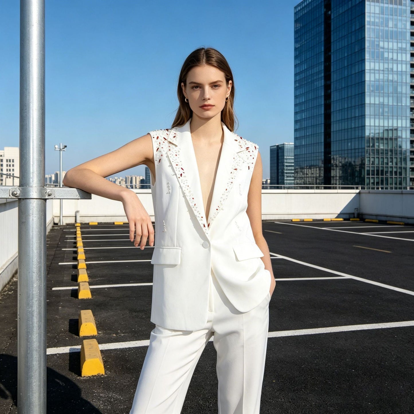 Womens Diamond-Embellished Vest Coat