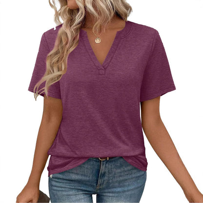 Summer Casual Deep V-Neck Solid Color T-Shirt  Slim Fit Short Sleeve Top, Comfortable & Versatile