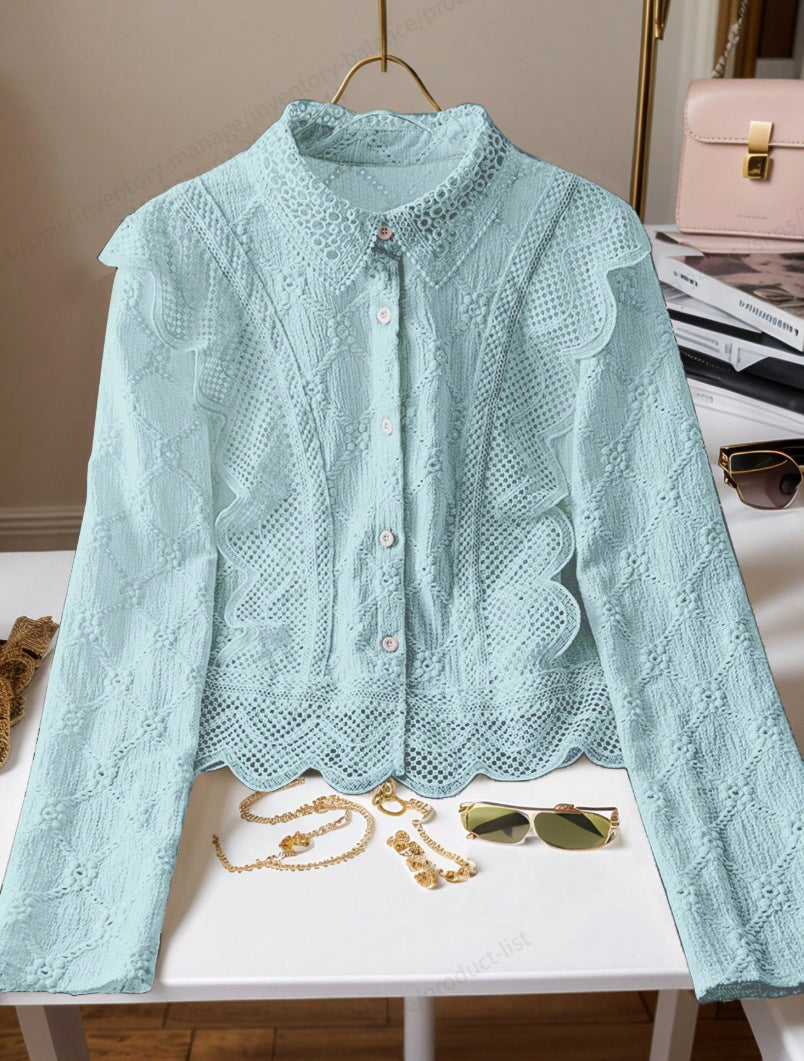 Hollow-out Suit-collar Long-sleeve Single-breasted Casual Lace-patchwork Blouse