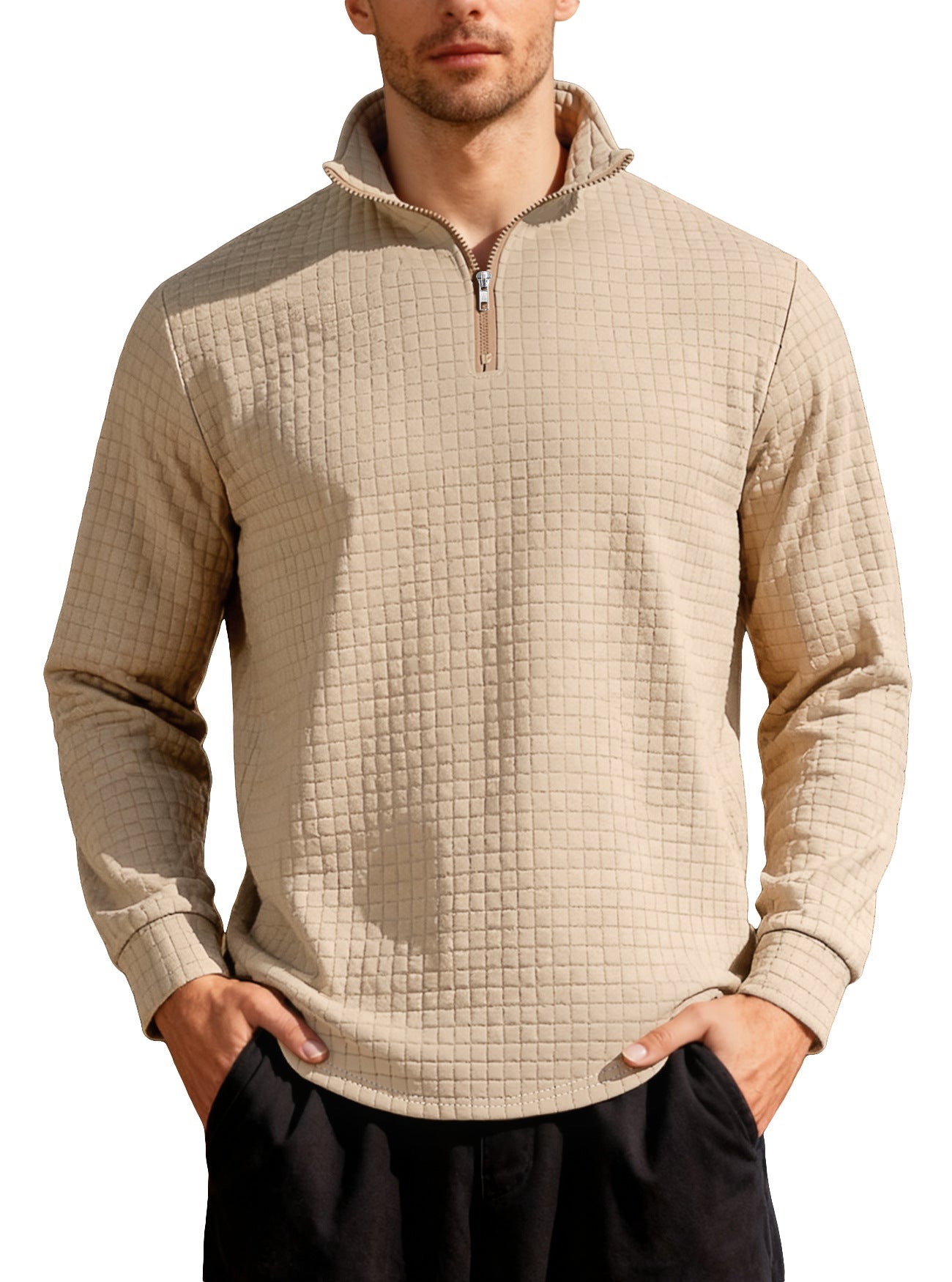 Business-casual Mens Loose-fit Jacquard Crew-neck Half-zip Hoodie With Small Square Patterns