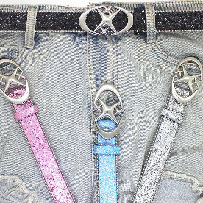 Trendy New Double Crescent Moon And Cross Sequined Waist Belt