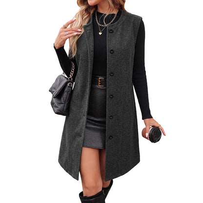 Solid-color Long Crew-neck Wool Sleeveless Vest