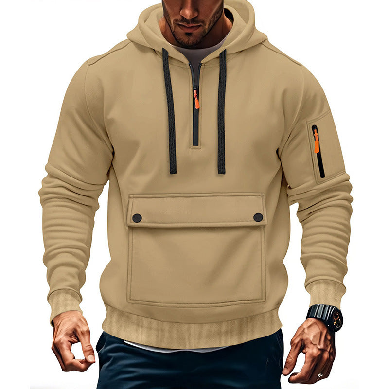 Mens Hooded Sweatshirt Jacket With Zippered Sleeves And Large Pockets