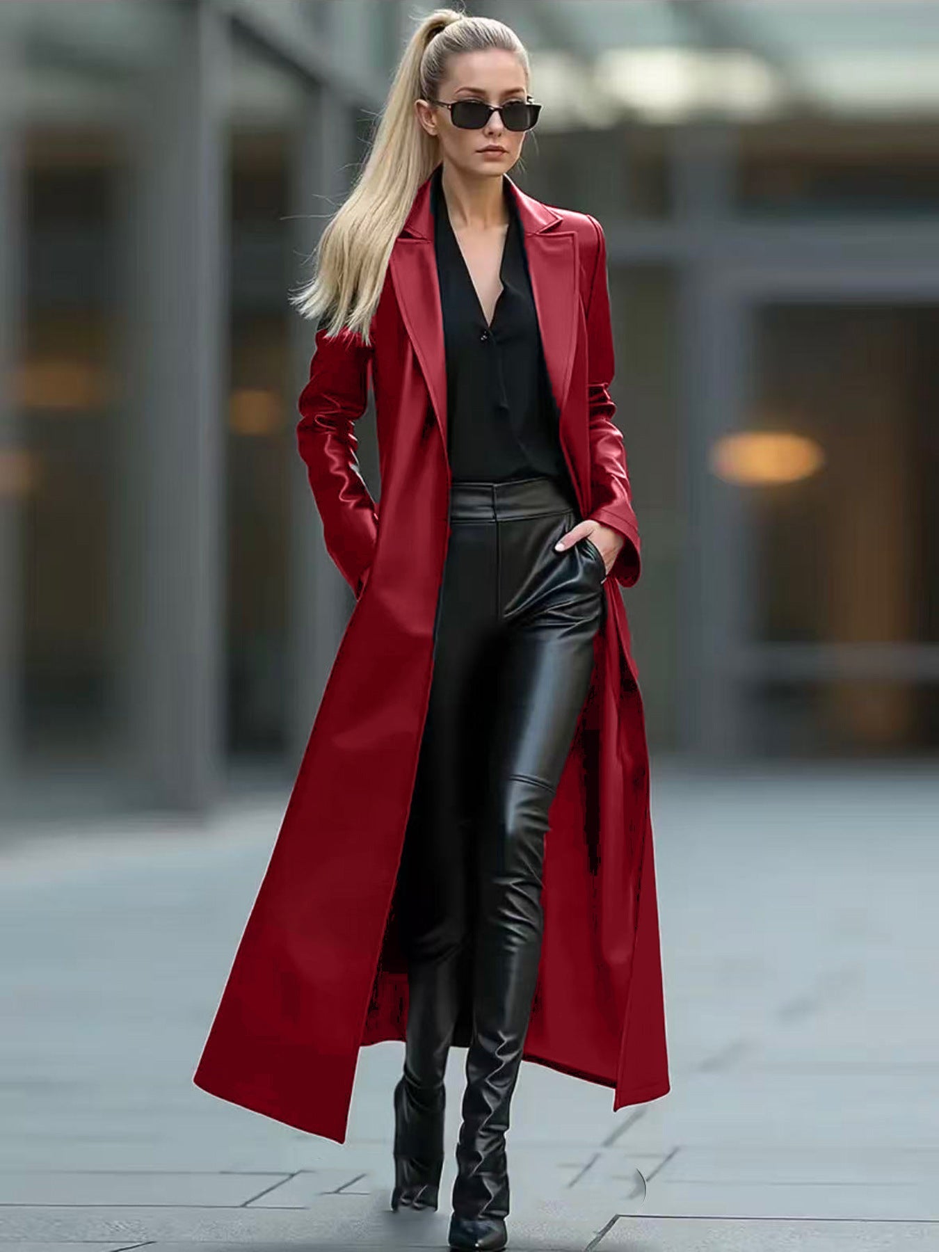 Solid Color Loose Fit Long Leather Coat For Women