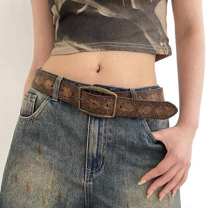American-style Vintage Embossed Distressed Leather Belt With A Bronze Buckle, Versatile For Jeans
