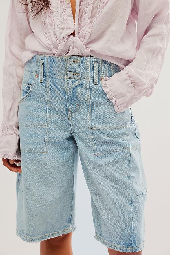 European And American Retro Washed Blue Denim Straight- Leg Cropped Pants