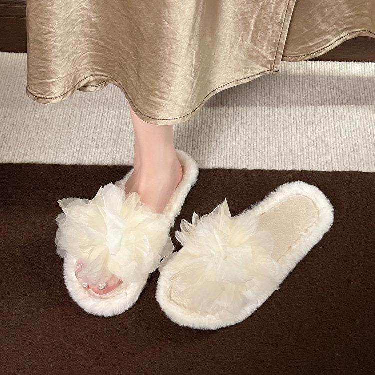 Women's 2026 Autumn Winter New Home Floral Furry Slippers, Flat Indoor Single Band Plush Soft Sole Cotton Slides