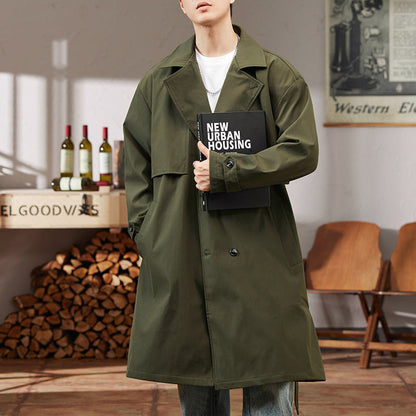 Mens Solid-color Versatile Mid-length Trench Coat
