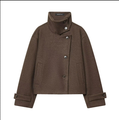 Womens Solid-Color Casual Stand-Collar Jacket With Buttons
