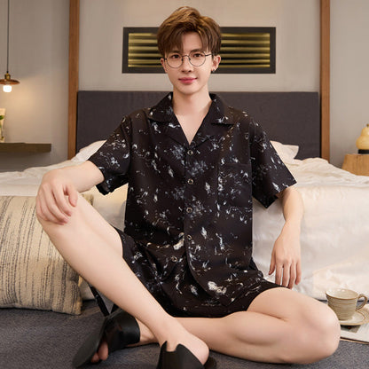 Mens Summer Cardigan Ice-silk Short-sleeve Top And Shorts
