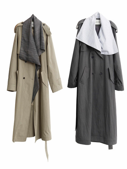 Long Trench Coat With Detachable Collar And Contrasting Color