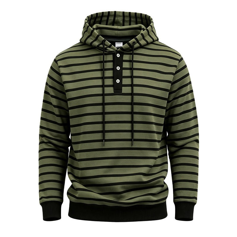 Mens Loose-Fit Striped Hoodie With Three Buttons