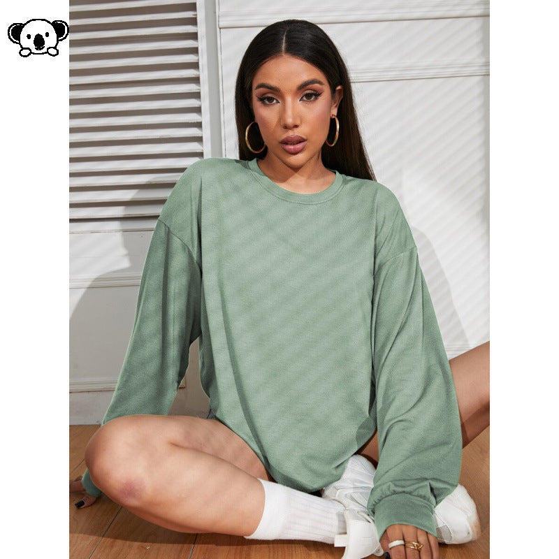 Womens Loose-Fit Solid-Color Plus-Size Long-Sleeve T-Shirt