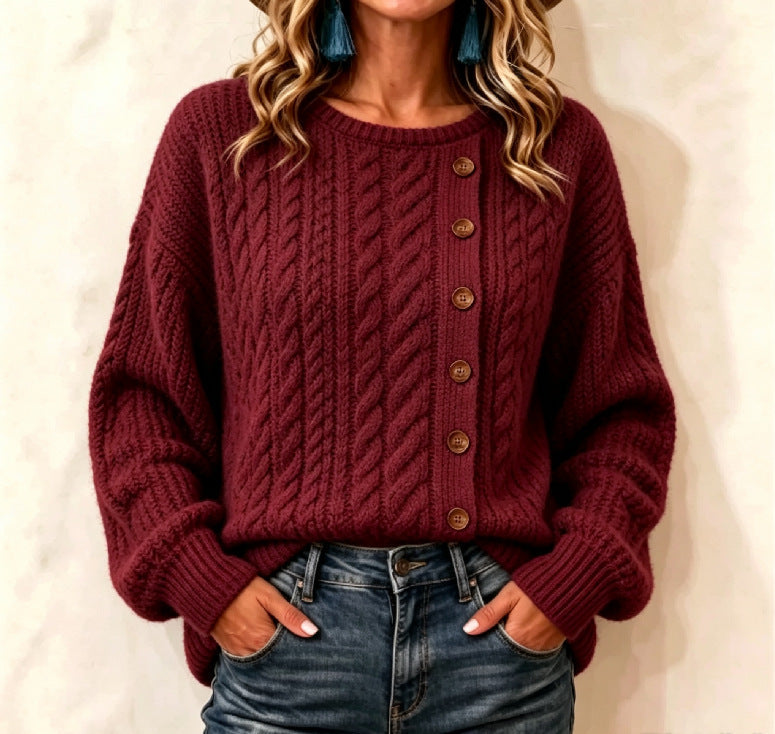 Womens Knitted Casual Comfortable Long-Sleeve T-Shirt With Buttons