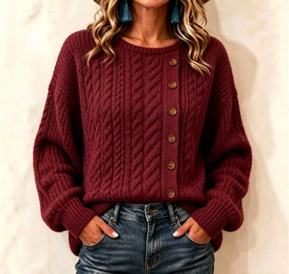 Womens Knitted Casual Comfortable Long-Sleeve T-Shirt With Buttons