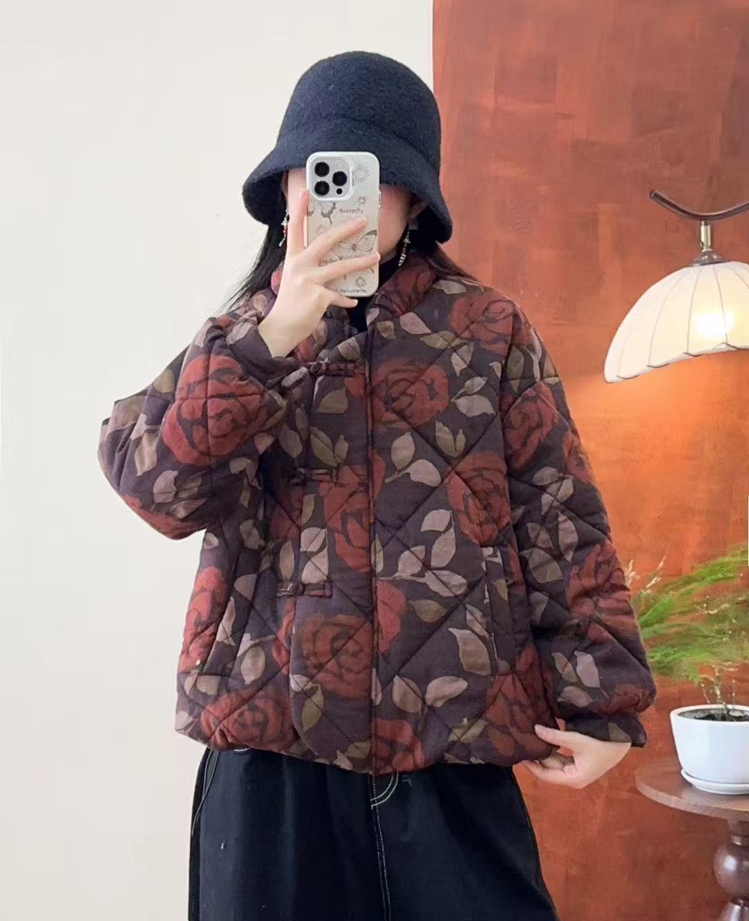Womens Cotton-Polyester Printed Stand-Collar Coat