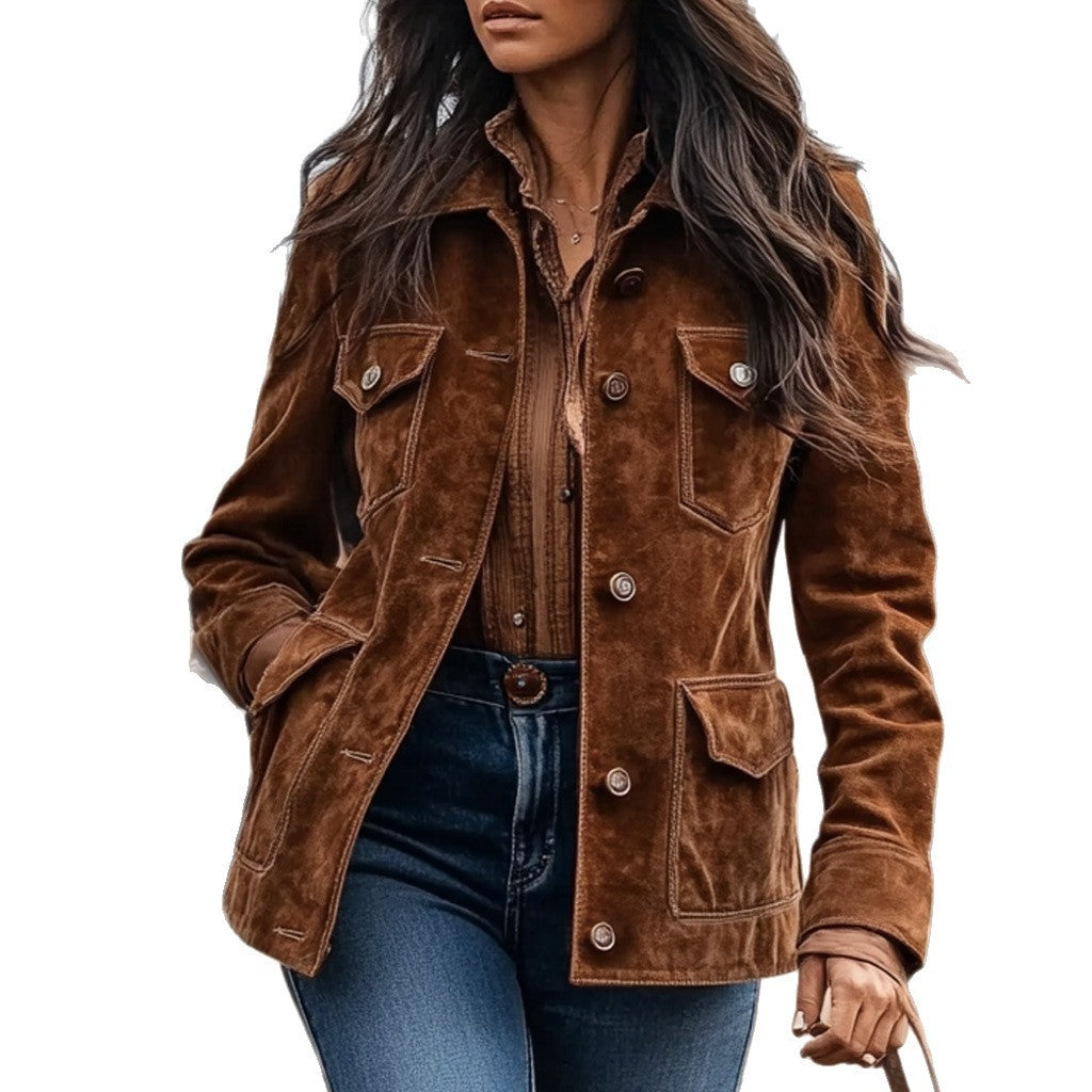 Women's Retro Suede Multi-Pocket Lapel Shirt Brown Short Jacket