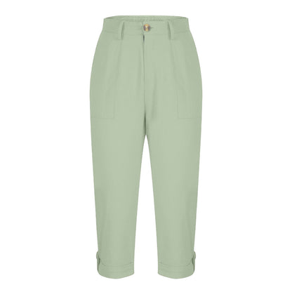 Cross-border Women's Solid Color Workwear Pants Waist Button Pants Ear Design Pants Leg Curled Women's Cropped Pants