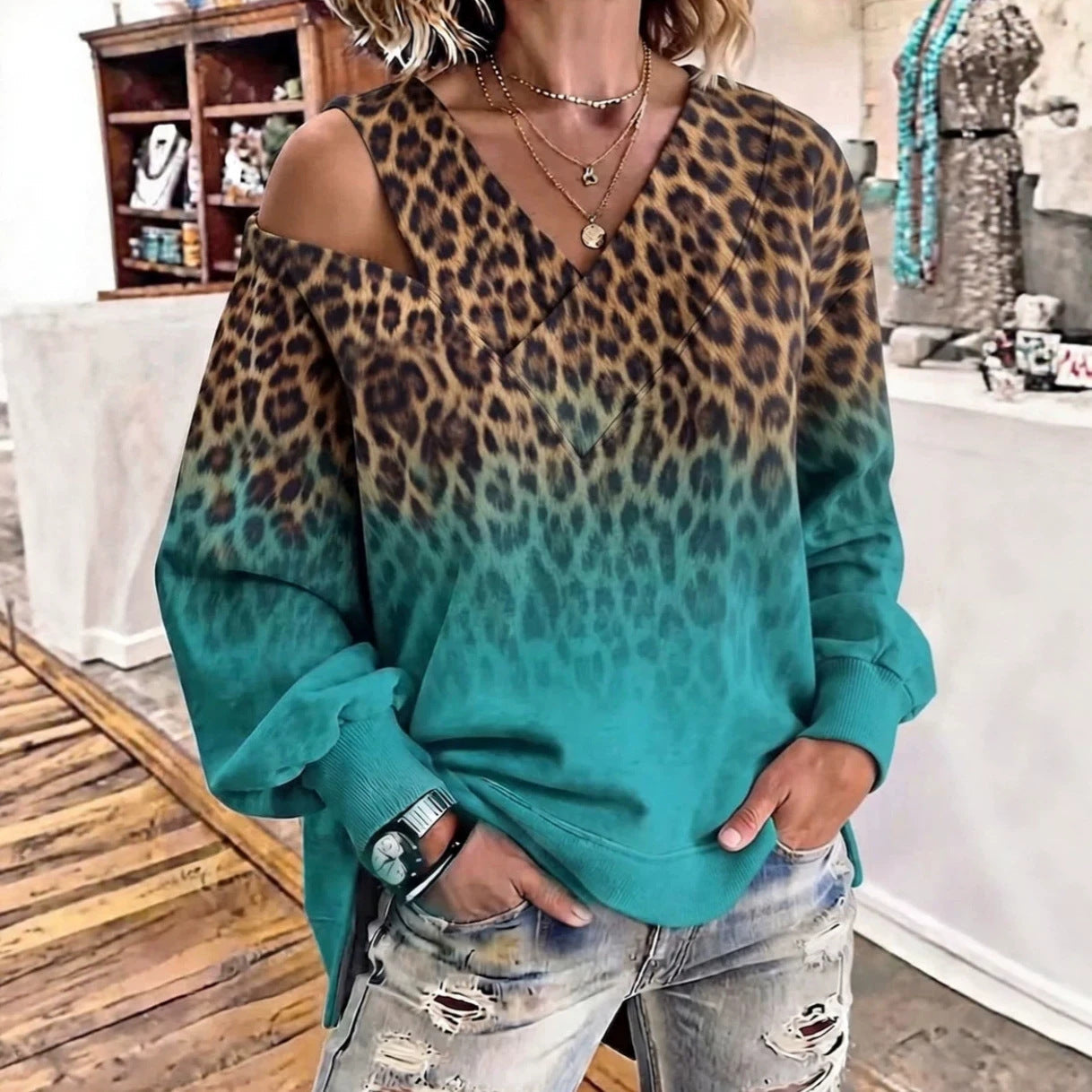 Leopard-Print Gradient Off-Shoulder V-Neck Womens Loose-Fit Long-Sleeve Top
