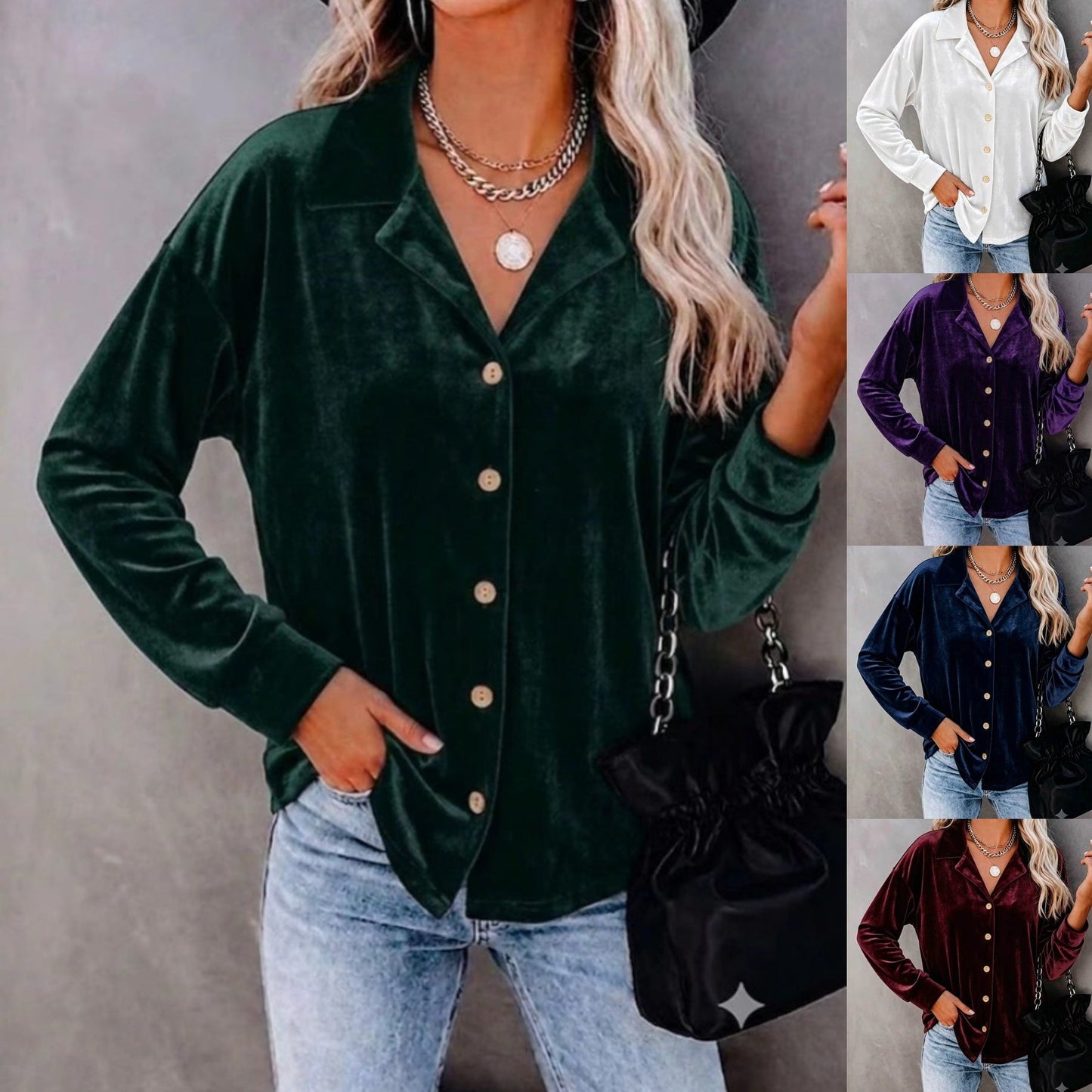 Casual Chic Button-up Velvet Long-sleeve Shirt