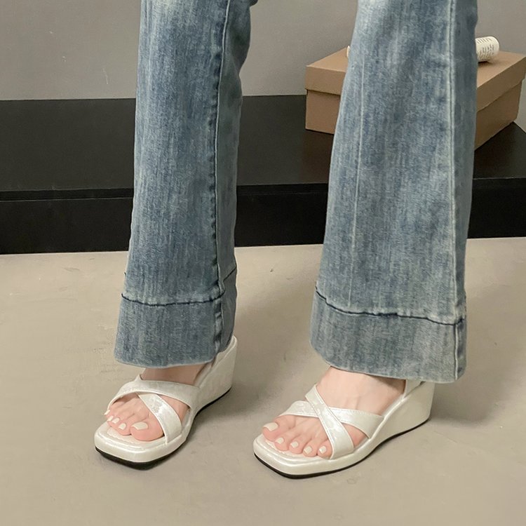 Women's Fashion Square Toe Satin Pattern Sandals, 2026 Summer Korean Style Wedge Thick Sole Slip-On Heightening Shoes For Petites
