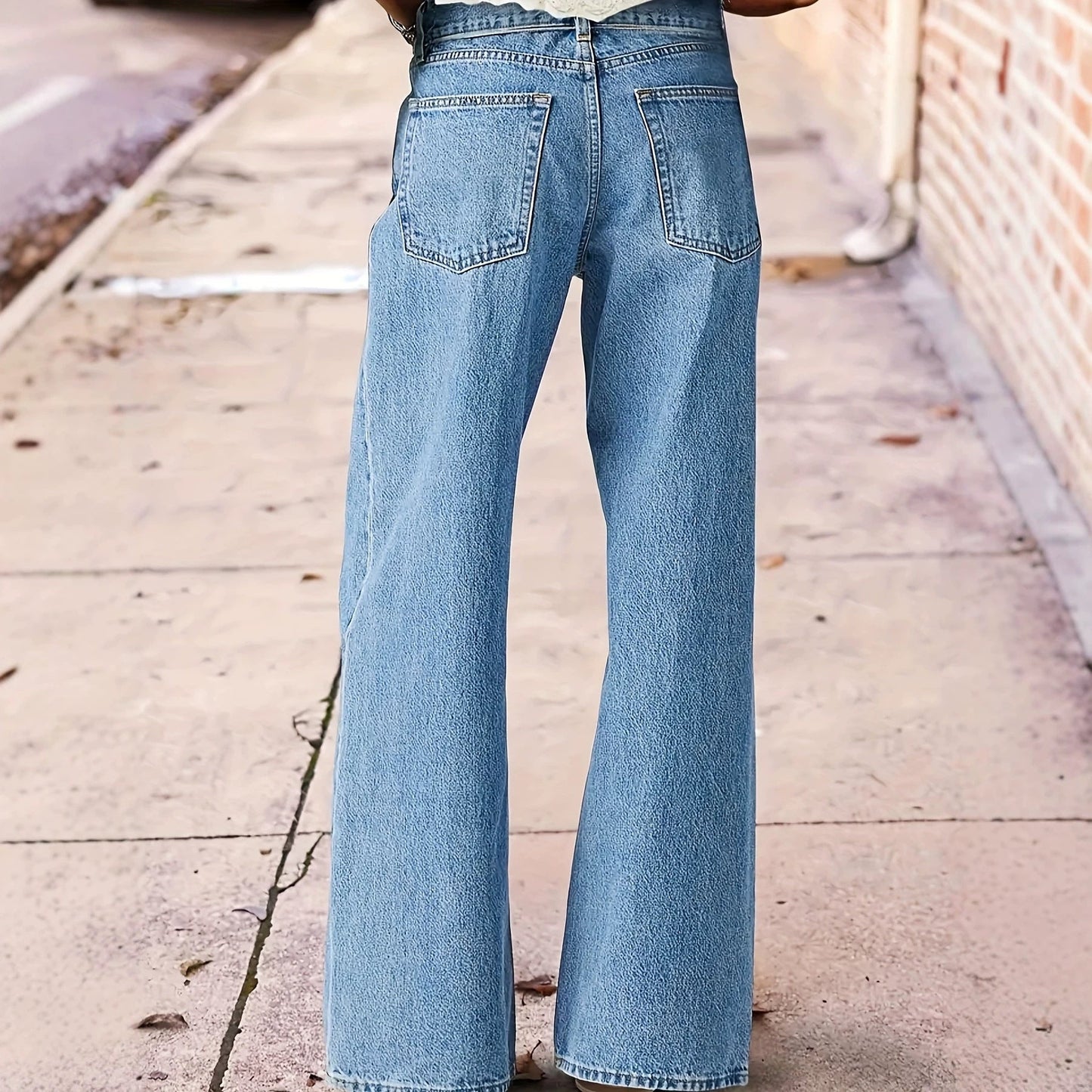 Floral-Embroidered Draped Wide-Leg Washed Denim Casual Trousers